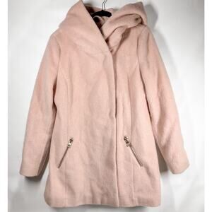 Guess Soft Pink Wool Blend Soft Fuzzy Hooded Pea Coat Large Jacket Gold Hardware